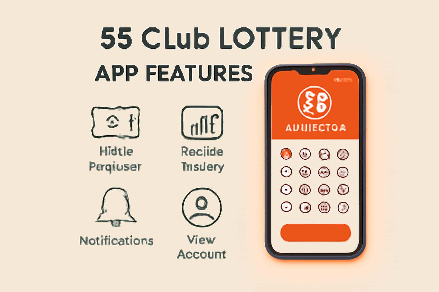 An informational graphic depicting the features of the 55 Club Lottery app, highlighting its user-friendly design and security measures.