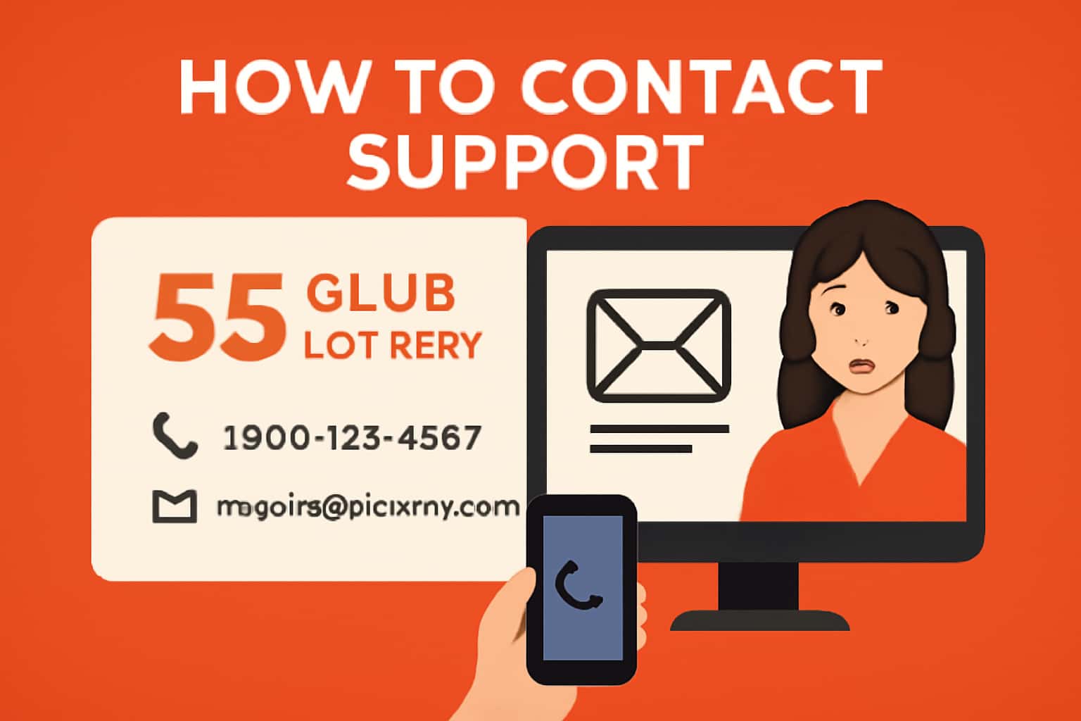 An informative scene displaying contact options for 55 Club Lottery support.