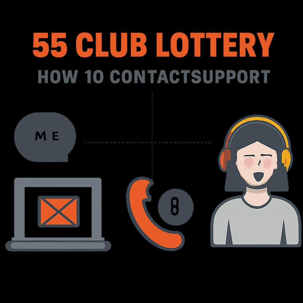 An educational diagram outlining the steps to contact 55 Club Lottery support.