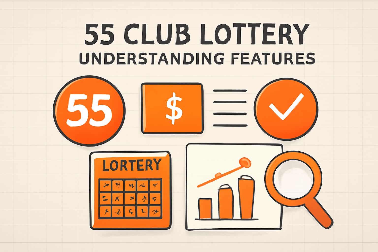 Illustration of the 55 Club Lottery features with a futuristic design.